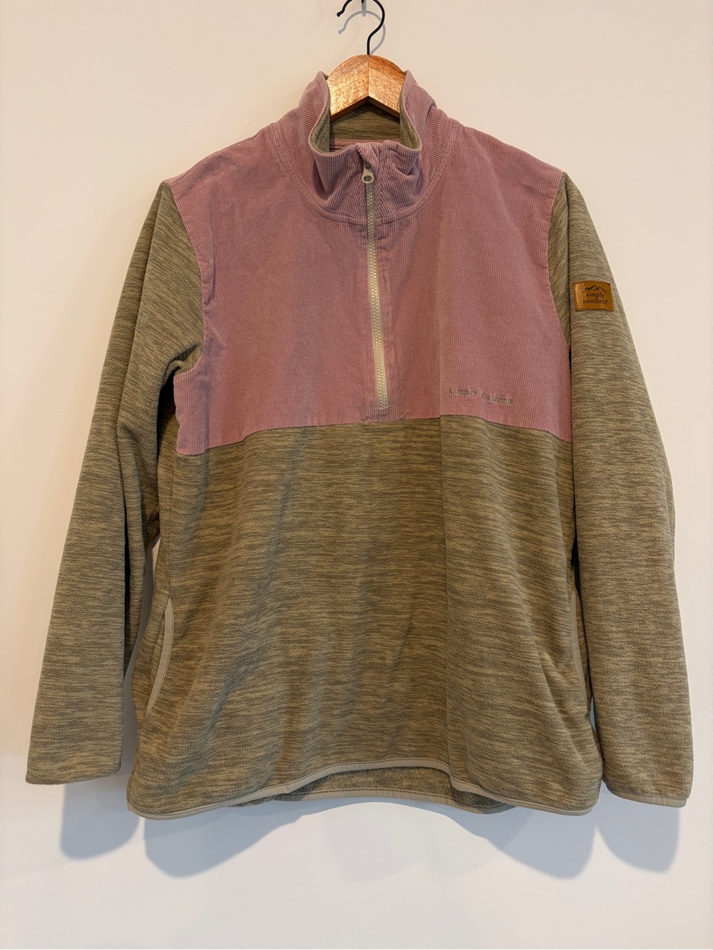 Simply Southern Size L Green Pink Colorblock Fleece 1/4 Zip Pullover Sweatshirt
